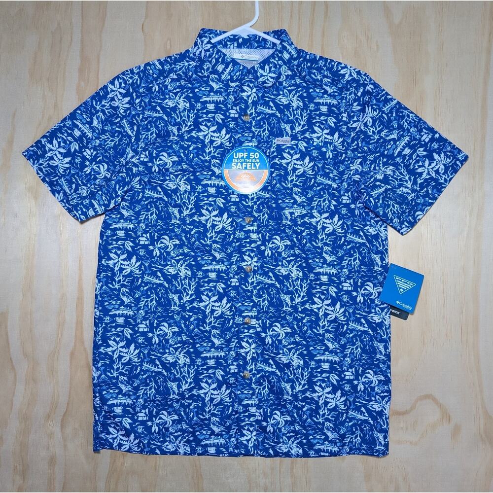 Columbia Men's Small PFG Super Bluefin Winds Camp Shirt Blue Tropical UPF 50